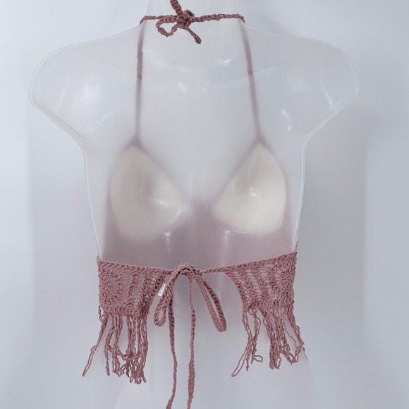 Crochet Fringe Halter Crop Top Womens sz S Boho Summer Festival Beach - Picture 3 of 10